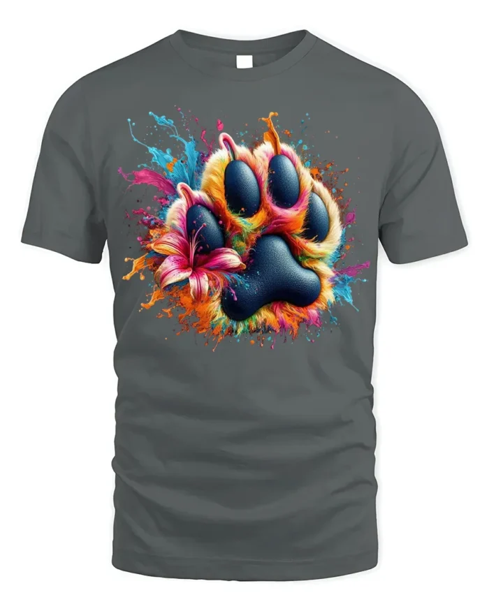 Colorful Paw Print Splash Art Pet Lover T-shirt - gray t-shirt on white background