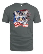 Patriotic American Flag Cat Sunglasses T-shirt - gray t-shirt on white background