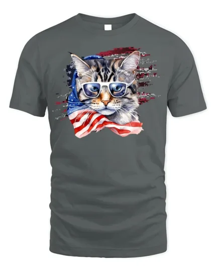 Patriotic American Flag Cat Sunglasses T-shirt - gray t-shirt on white background