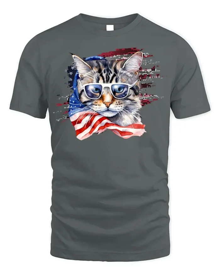 Patriotic American Flag Cat Sunglasses T-shirt - gray t-shirt on white background