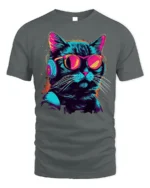 Cool Cat Headphones Neon Sunglasses Graphic T-shirt - gray t-shirt on white background