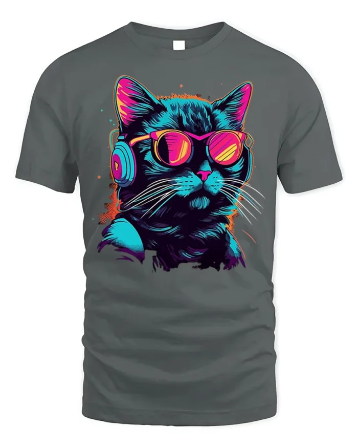 Cool Cat Headphones Neon Sunglasses Graphic T-shirt - gray t-shirt on white background
