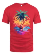 Tropical Sunset Palm Tree Beach Vibes T-shirt - red t-shirt on white background