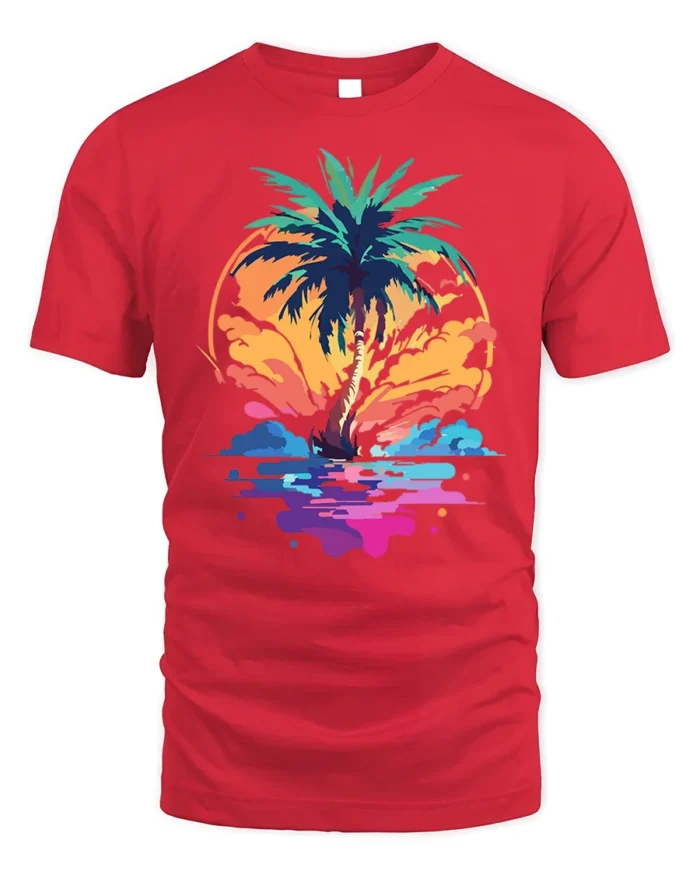 Tropical Sunset Palm Tree Beach Vibes T-shirt - red t-shirt on white background
