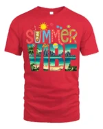 Colorful Summer Vibe Beach Vacation T-shirt - red t-shirt on white background