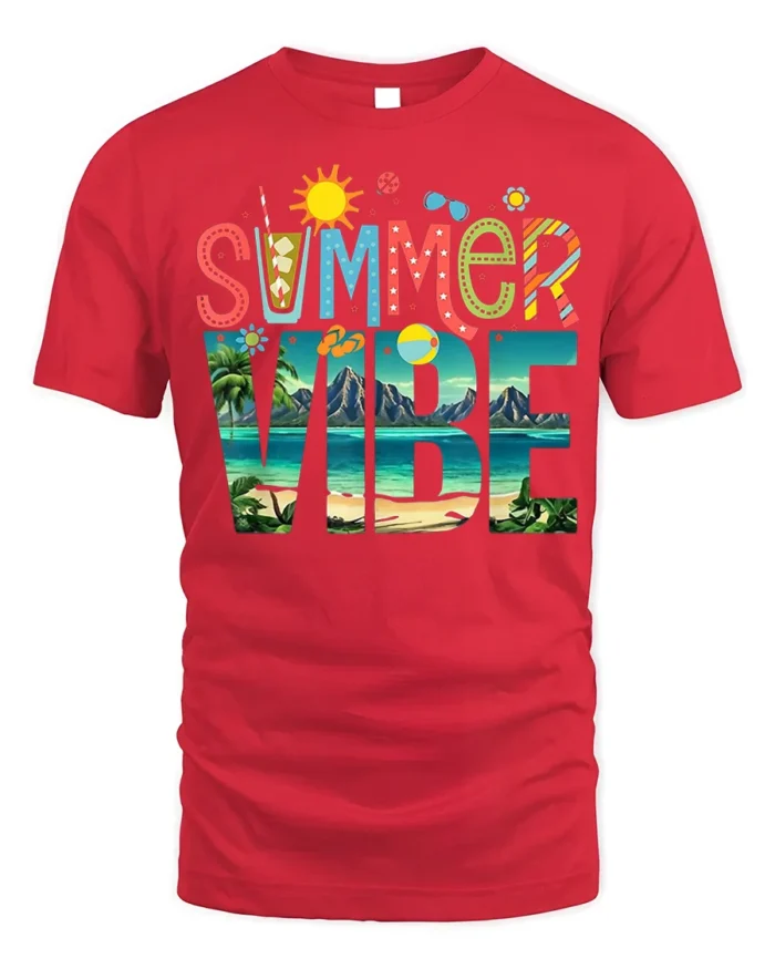 Colorful Summer Vibe Beach Vacation T-shirt - red t-shirt on white background