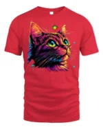 Neon Cosmic Cat Colorful Starry Night T-shirt - red t-shirt on white background