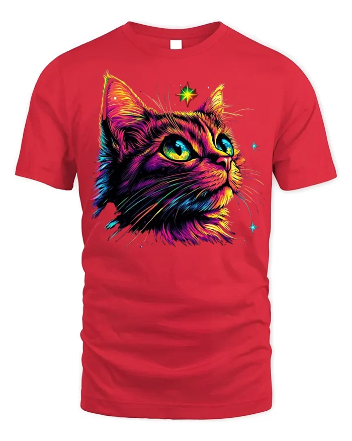 Neon Cosmic Cat Colorful Starry Night T-shirt - red t-shirt on white background