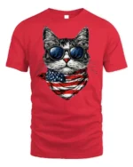 Patriotic American Flag Cool Cat Sunglasses T-shirt - red t-shirt on white background
