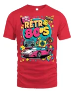 Retro 80s Neon Car Cassette Boombox Graphic T-shirt - red t-shirt on white background