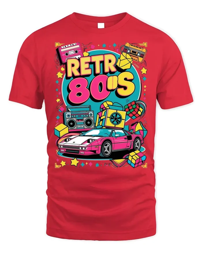 Retro 80s Neon Car Cassette Boombox Graphic T-shirt - red t-shirt on white background