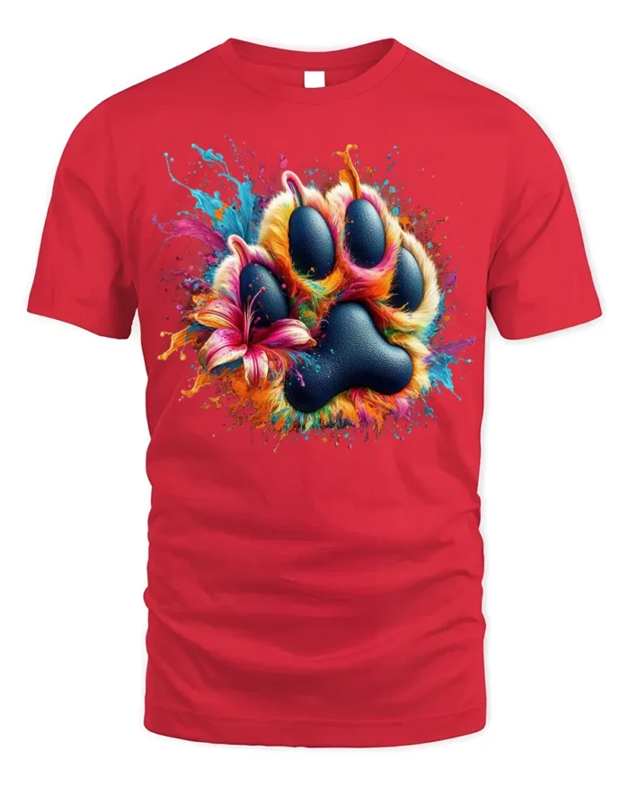 Colorful Paw Print Splash Art Pet Lover T-shirt - red t-shirt on white background
