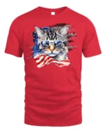 Patriotic American Flag Cat Sunglasses T-shirt - red t-shirt on white background