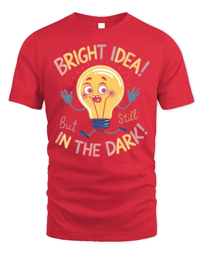 Funny Bright Idea Light Bulb Cartoon T-shirt - red t-shirt on white background