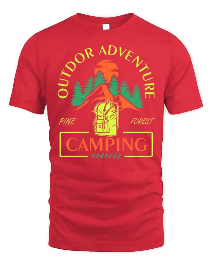 Outdoor Adventure Pine Forest Camping T-shirt - red t-shirt on white background