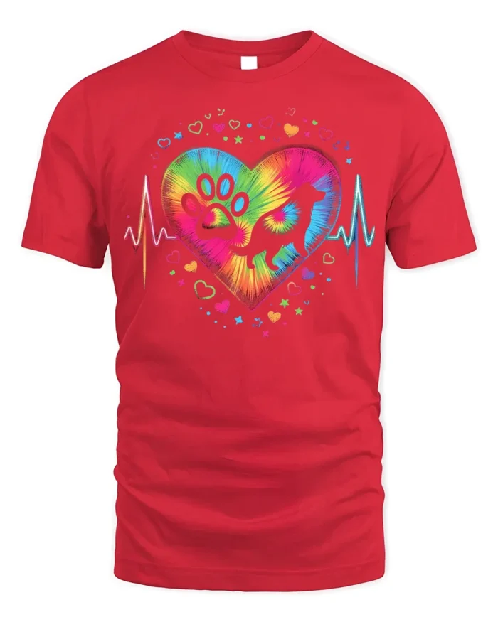 Colorful Dog Paw Heartbeat Pet Lover T-shirt - red t-shirt on white background