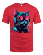 Cool Cat Headphones Neon Sunglasses Graphic T-shirt - red t-shirt on white background