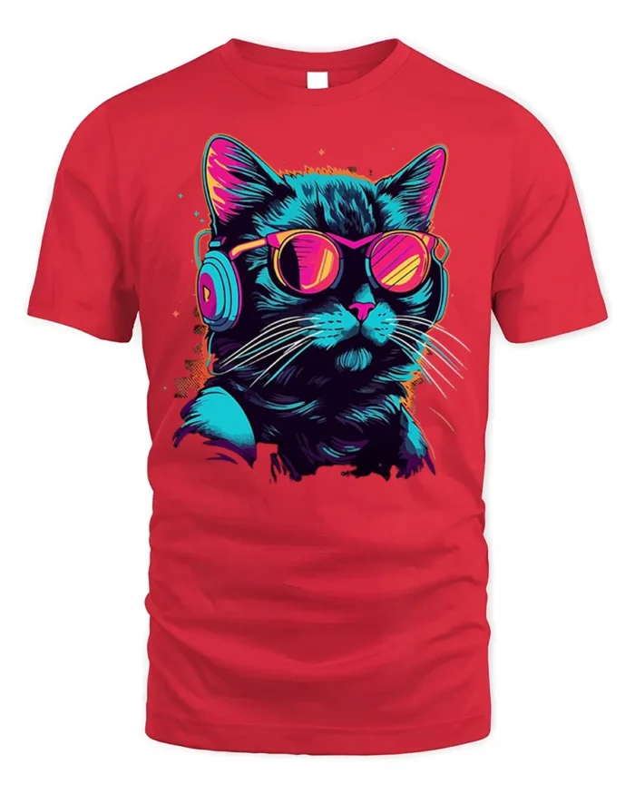 Cool Cat Headphones Neon Sunglasses Graphic T-shirt - red t-shirt on white background