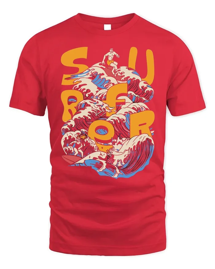 Retro Surf Rider Ocean Wave Graphic T-shirt - red t-shirt on white background