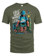Hike More Worry Less Mountain Adventure T-shirt - military green t-shirt on white background