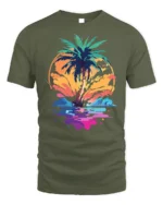 Tropical Sunset Palm Tree Beach Vibes T-shirt - military green t-shirt on white background