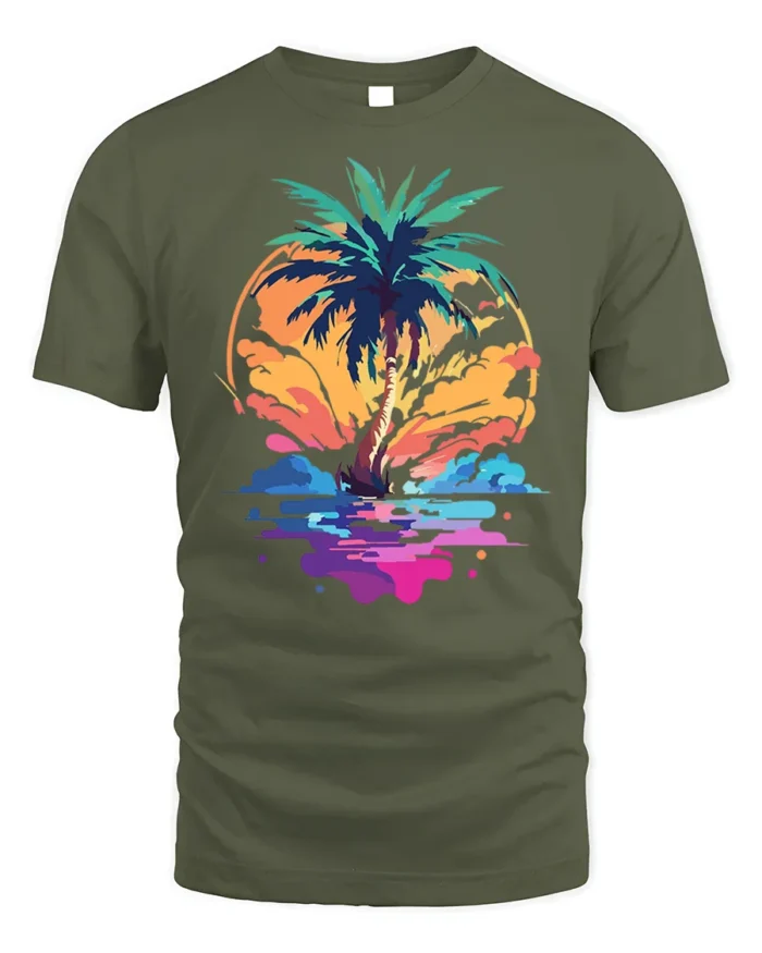 Tropical Sunset Palm Tree Beach Vibes T-shirt - military green t-shirt on white background