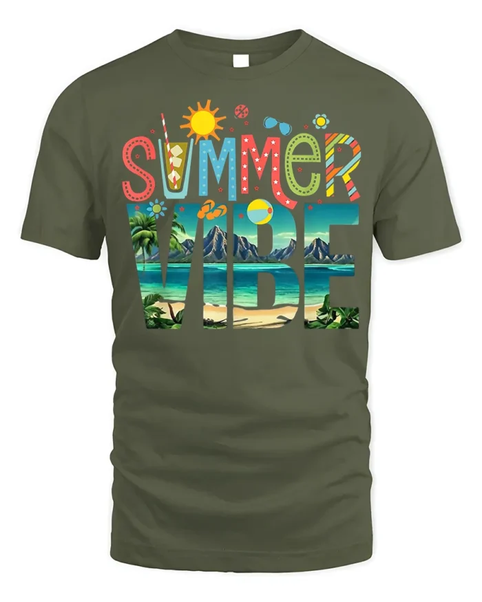 Colorful Summer Vibe Beach Vacation T-shirt - military green t-shirt on white background