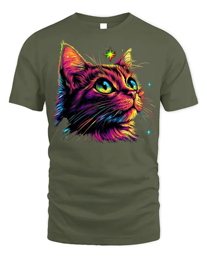 Neon Cosmic Cat Colorful Starry Night T-shirt - military green t-shirt on white background