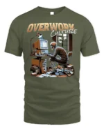 Overwork Culture Skeleton Computer Graphic T-shirt - military green t-shirt on white background