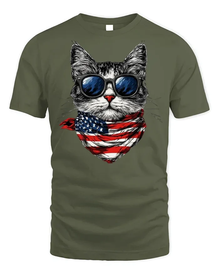 Patriotic American Flag Cool Cat Sunglasses T-shirt - military green t-shirt on white background