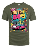 Retro 80s Neon Car Cassette Boombox Graphic T-shirt - military green t-shirt on white background