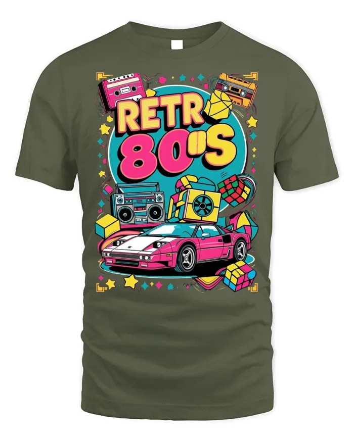 Retro 80s Neon Car Cassette Boombox Graphic T-shirt - military green t-shirt on white background