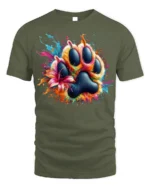 Colorful Paw Print Splash Art Pet Lover T-shirt - military green t-shirt on white background