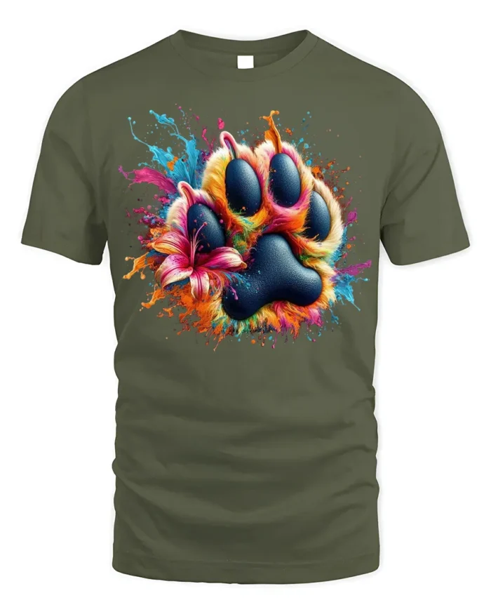 Colorful Paw Print Splash Art Pet Lover T-shirt - military green t-shirt on white background
