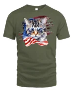 Patriotic American Flag Cat Sunglasses T-shirt - military green t-shirt on white background