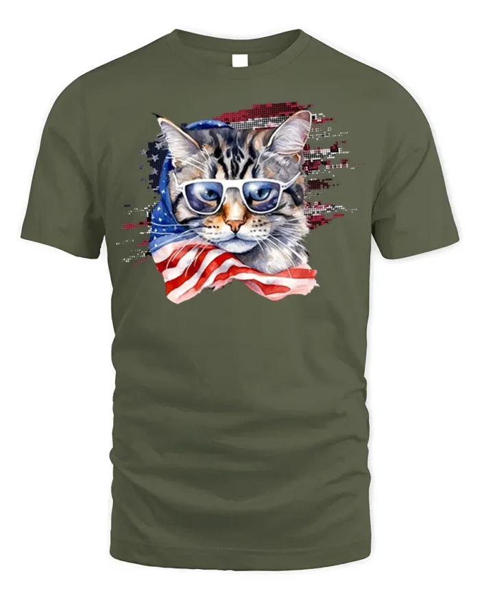 Patriotic American Flag Cat Sunglasses T-shirt - military green t-shirt on white background