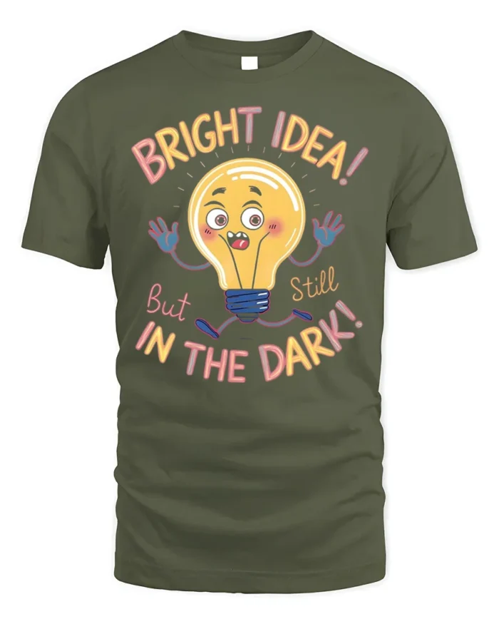 Funny Bright Idea Light Bulb Cartoon T-shirt - military green t-shirt on white background