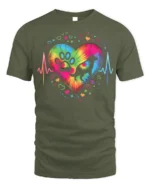 Colorful Dog Paw Heartbeat Pet Lover T-shirt - military green t-shirt on white background