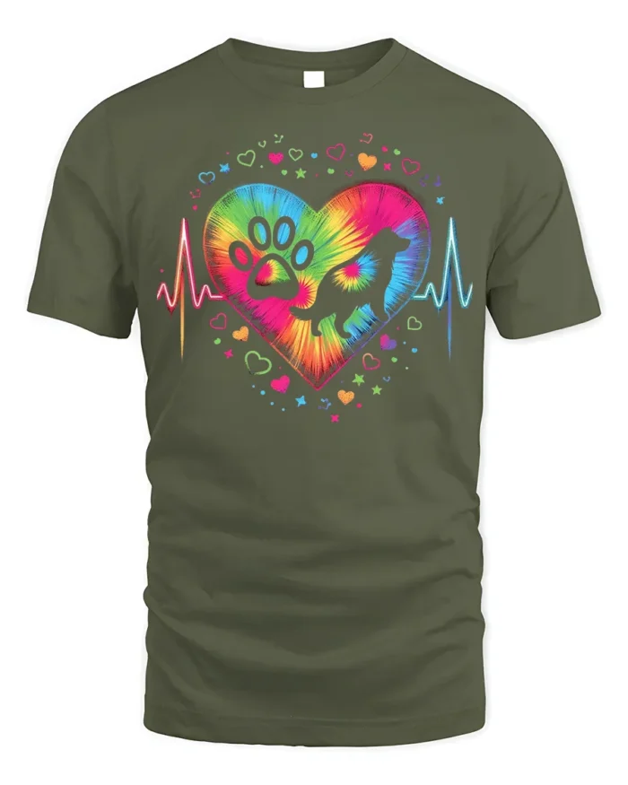 Colorful Dog Paw Heartbeat Pet Lover T-shirt - military green t-shirt on white background