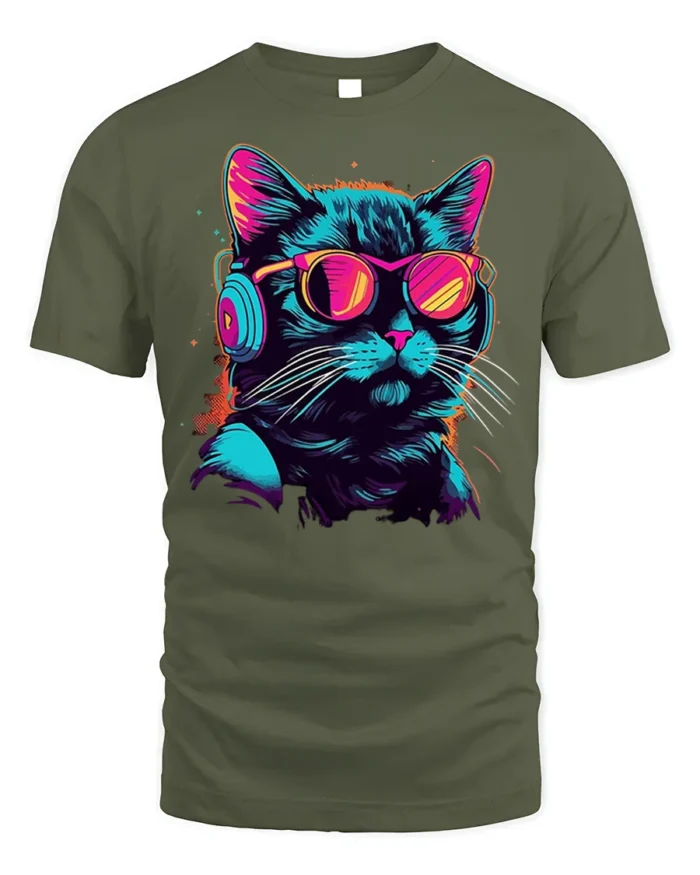 Cool Cat Headphones Neon Sunglasses Graphic T-shirt - military green t-shirt on white background