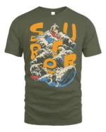 Retro Surf Rider Ocean Wave Graphic T-shirt - military green t-shirt on white background