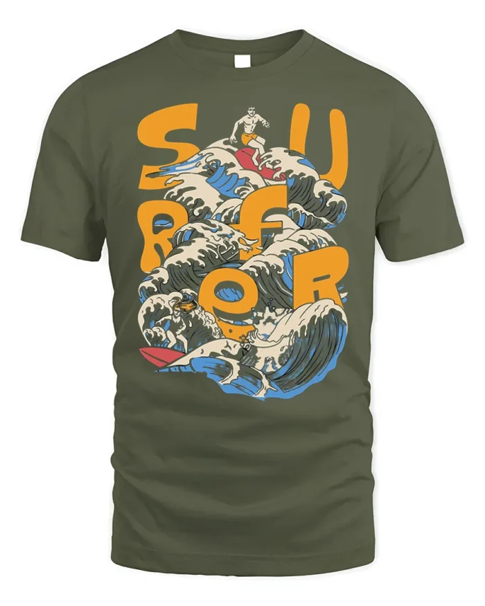 Retro Surf Rider Ocean Wave Graphic T-shirt - military green t-shirt on white background