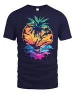 Tropical Sunset Palm Tree Beach Vibes T-shirt - navy t-shirt on white background