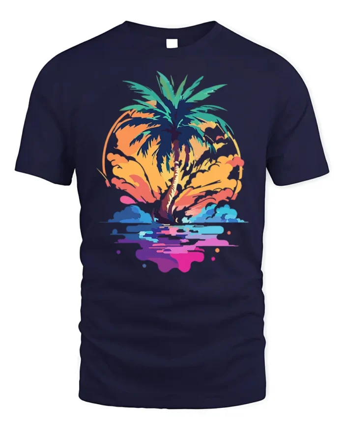Tropical Sunset Palm Tree Beach Vibes T-shirt - navy t-shirt on white background