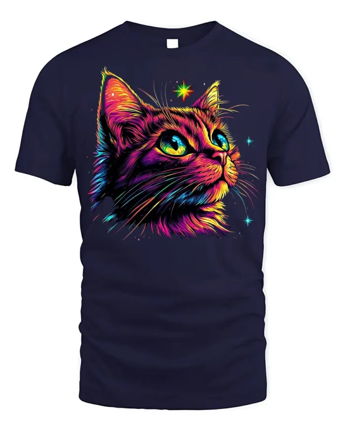 Neon Cosmic Cat Colorful Starry Night T-shirt - navy t-shirt on white background