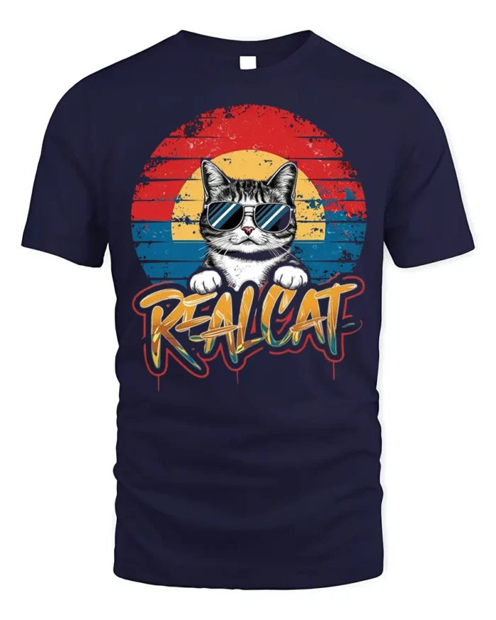 Retro Cool Cat Sunglasses Real Cat Graphic T-shirt - navy t-shirt on white background