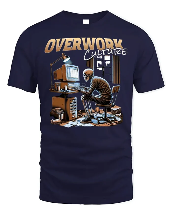 Overwork Culture Skeleton Computer Graphic T-shirt - navy t-shirt on white background