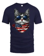 Patriotic American Flag Cool Cat Sunglasses T-shirt - navy t-shirt on white background