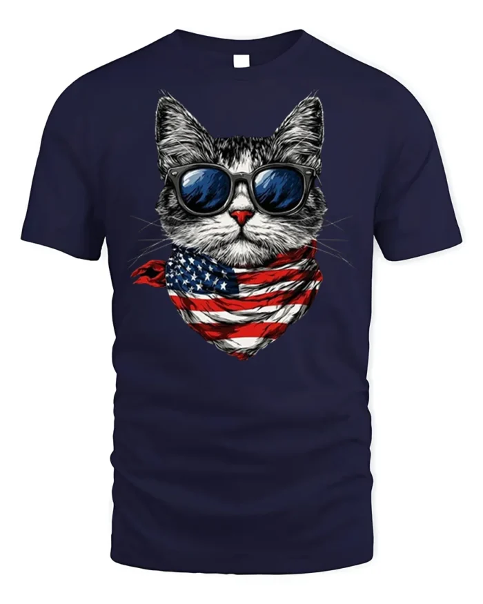 Patriotic American Flag Cool Cat Sunglasses T-shirt - navy t-shirt on white background