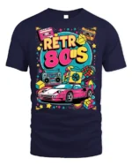 Retro 80s Neon Car Cassette Boombox Graphic T-shirt - navy t-shirt on white background